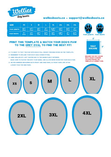 Wellies Dog Boots Sizing Chart printable pdf download