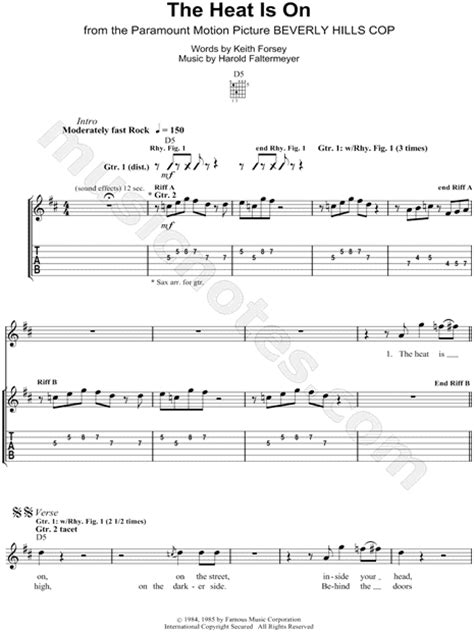 Glenn Frey The Heat Is On Guitar Tab In D Major Download And Print Sku Mn0063118