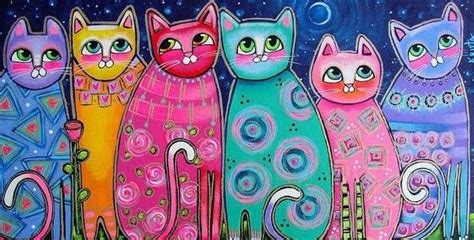 Mixed Colors Folk Art Cat Cat Painting Whimsical Art