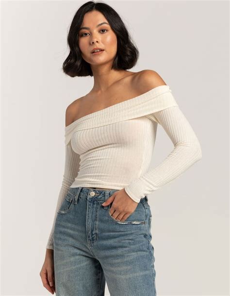 FULL TILT Fold Over Rib Off The Shoulder Womens Top CREAM Tillys In