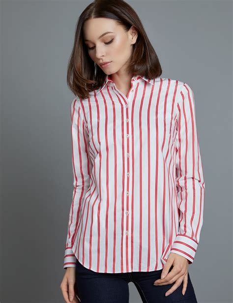 Women S White Red Stripe Semi Fitted Shirt Single Cuff Hawes Curtis