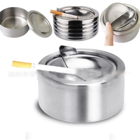 1pc Cigarette Lidded Ashtray Stainless Steel Silver Windproof Ashtray