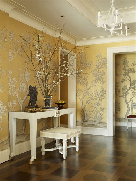 golden yellow botanical wallpaper foyer - Interiors By Color