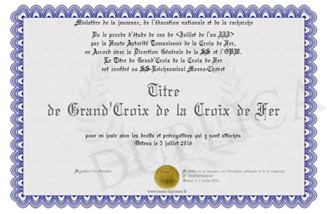 Titre De Grand Croix De La Croix De Fer