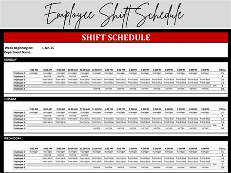 the employee shift schedule is shown in red and black