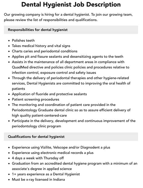 Dental Hygienist Job Description Template