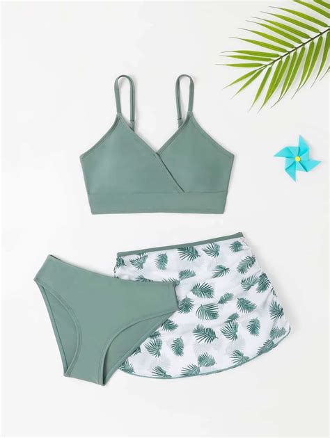 Shein Ensemble De Bikini Imprim De Plantes Pour Adolescentes Avec Jupe