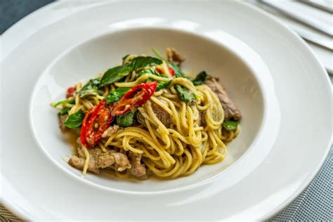 Delicious Thai Fusion Food Stirred Fried Spaghetti With Thai Green