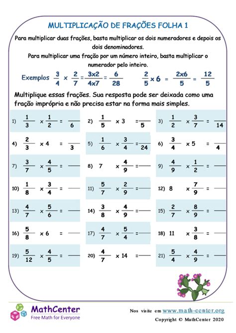 Sexto Ano Planilhas Multiplicação De Frações Math Center