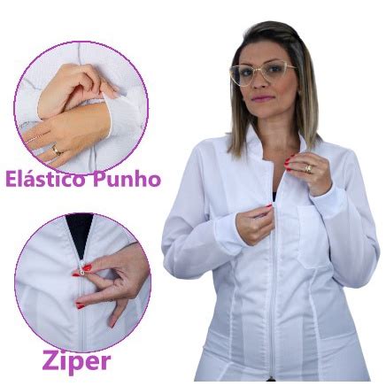 Jaleco Feminino Oxford Branco Ziper Gola Padre El Stico Punho