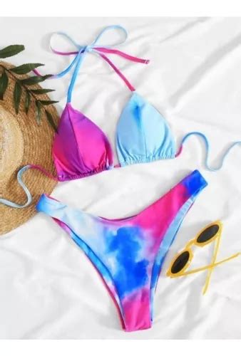 Bikini Triángulo Fucsia Celeste Tie Dye Marca Shein Cuotas sin interés