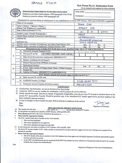 Sample Pf Declaration Form 11 Pdf