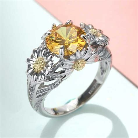 Sunflower Daisy Flower Engagement Ring With Yellow Gemstone VANCARO