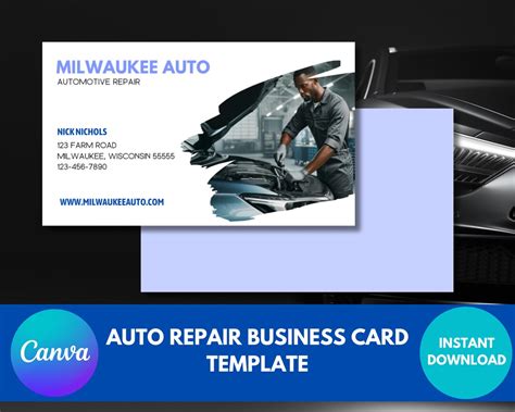 Auto Mechanic Business Card Template Canva Instant Download Car Repair White Blue Business Card ...