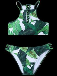 2018 Palm Leaf Print High Neck Keyhole Bikini In GREEN M ZAFUL