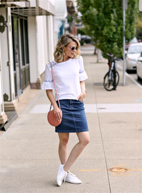 3 Ways To Wear Denim Skirt Penny Pincher Fashion Skirt And Sneakers White Fashion Sneakers