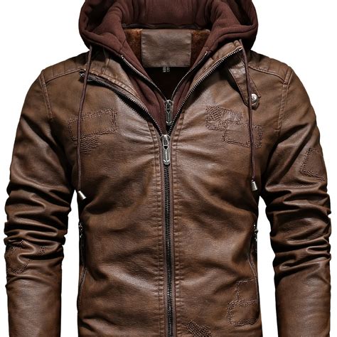 Men S Removable Hooded Pu Leather Jacket Retro Slim Fit Zipper Fleece