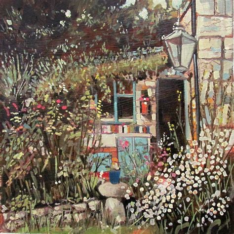 Painting of a door in a country garden with flowers growing around it