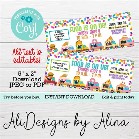 Food Truck Ticket EDITABLE Template Printable Voucher PTA PTO Event