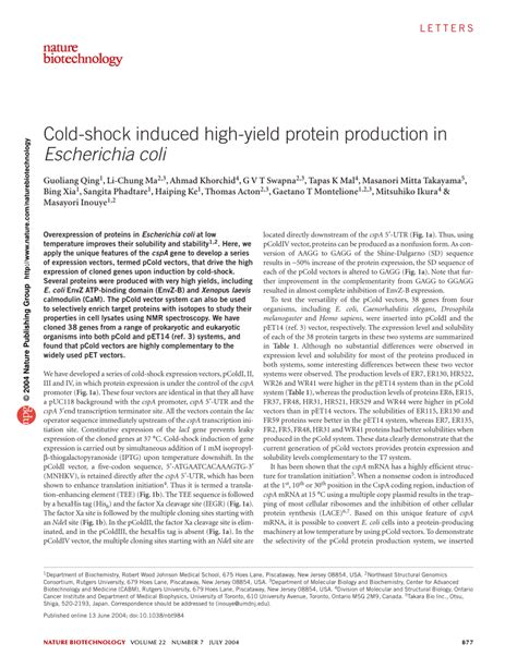 PDF Cold Shock Induced High Yield Protein Production In Escherichia Coli