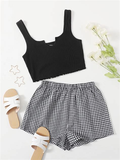 SHEIN VCAY Notch Neck Lettuce Trim Tank Top & Gingham Shorts Set ...