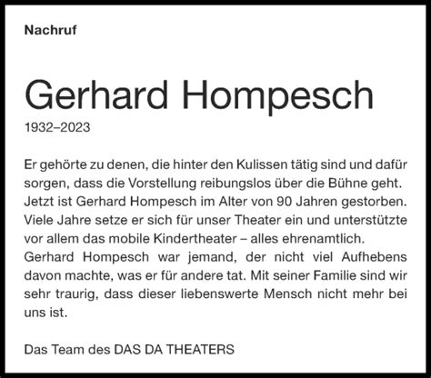 Traueranzeigen Von Gerhard Hompesch Aachen Gedenkt