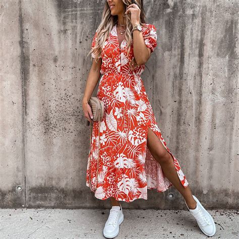 Womens Boho Floral V Neck Midi Dresses Ladies Holiday Beach Side Slit