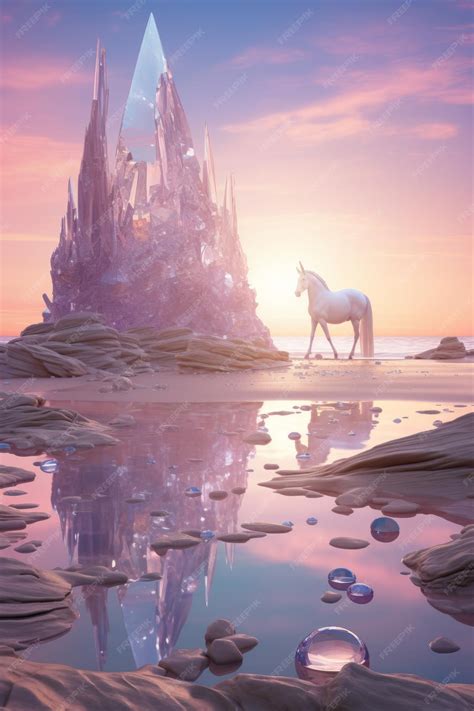 Premium AI Image | a unicorn standing on a beach with a large crystal ...