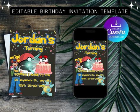 Pokemon Birthday Party Invitation, Printable and Editable Template, Digital Download Birthday Card,