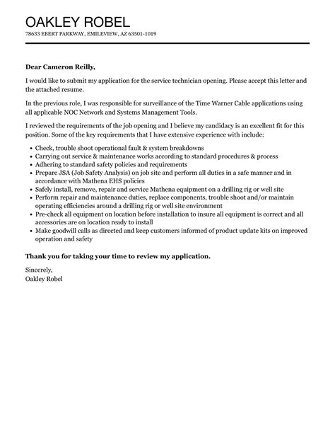 Service Technician Cover Letter Velvet Jobs