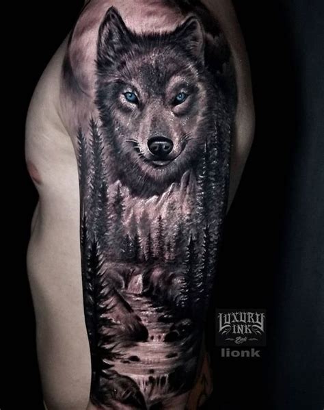 Wolf tattoo, half sleeve, shoulder, scenery, forest, moon, mountains ...