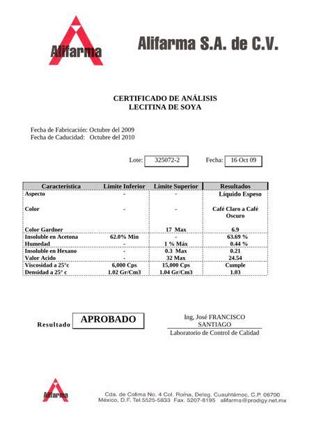 Pdf Lecitina De Soya Alifarma Mx Certificado De An Lisis