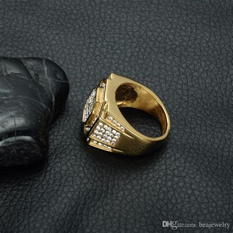 Mens Ip Gold Filled Hip Hop Hexagonal Self Defence Ring With Micro Pave