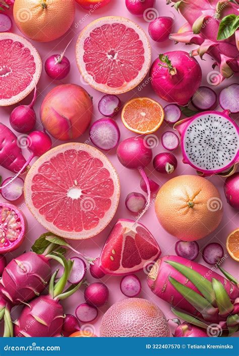 flatlay composition  pink fruits  vegetables   seamless surface