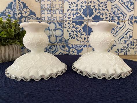 Pair Of Vintage Fenton White Milk Glass Silver Crest Etsy