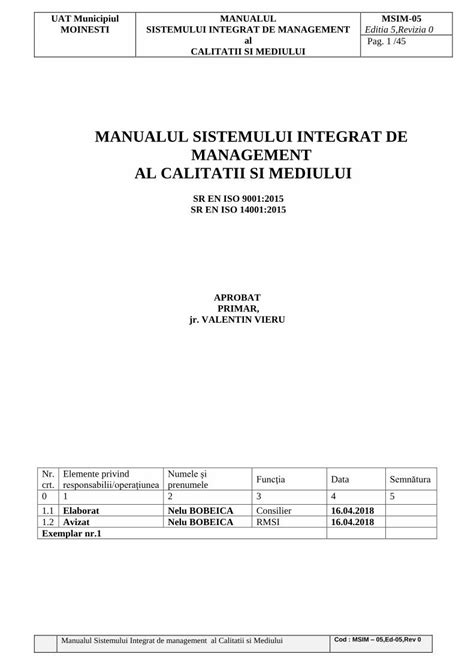 Pdf Manualul Sistemului Integrat De Management Al Calitatii Moinesti