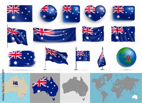 Australia Flags Of Various Shapes And Geographic Map Set Realistic Waving Australian Flags