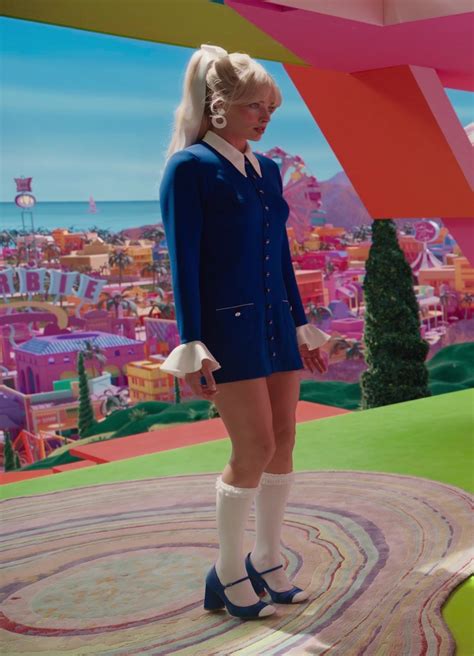 Blue Long Sleeve Button Up Mini Dress Worn By Margot Robbie In Barbie