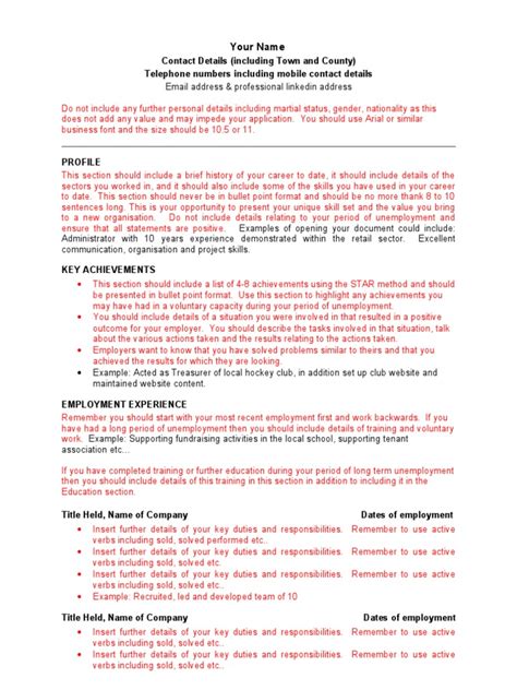 Long Term Unemployed Cv Template Communication Technology