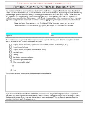 Fillable Online Millersville Physical And Mental Health Information