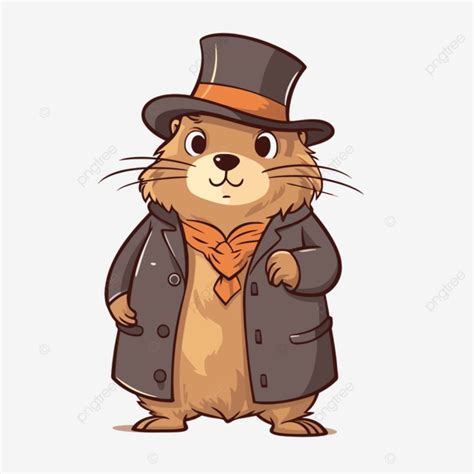 Cute Groundhog Day Vector Sticker Clipart Cartoon Groundhog In A Top