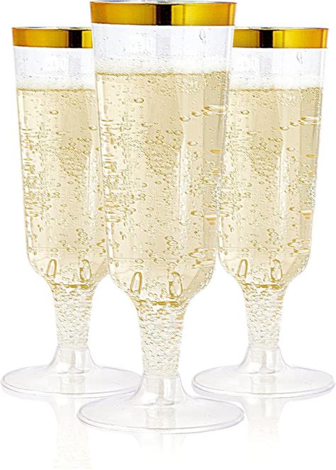 Jolly Chef 50 Pack Plastic Champagne Flutes Disposable 5 Oz Gold Rim