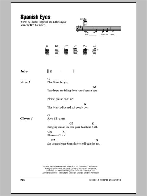 Spanish Eyes By Elvis Presley Sheet Music For Ukulele Chords Lyrics At Sheet Music Direct