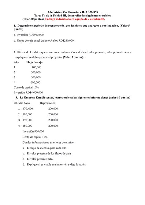 ADM 355 Tarea IV Unidad III Administración Financiera II ADM Tarea