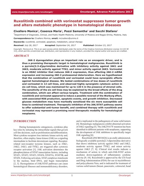 Pdf Ruxolitinib Combined With Vorinostat Suppresses Tumor Growth And