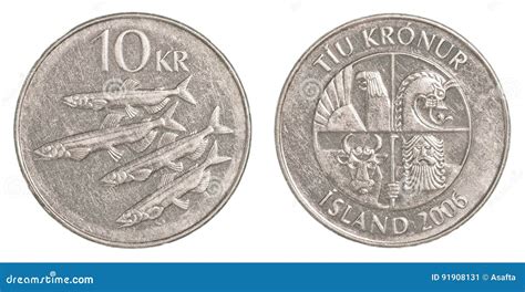 Icelandic Krona Coin With A Value Of Ten Krona Isolated On A White ...