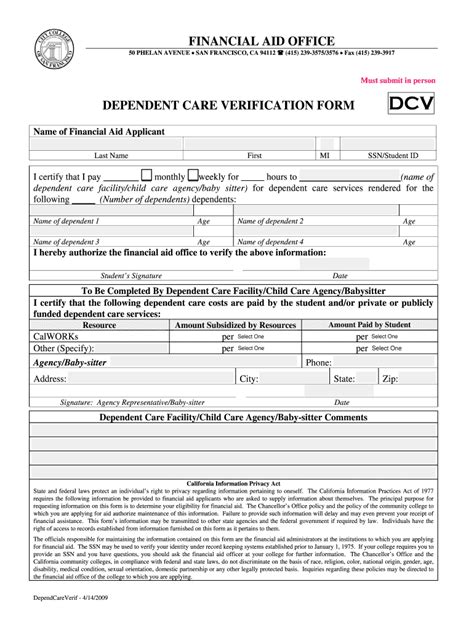 Fillable Online Ccsf Dependent Care Verification Form City College Of