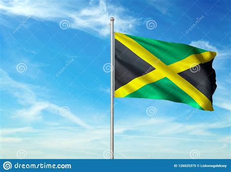 Jamaica Flag Waving With Sky On Background Realistic 3d Illustration