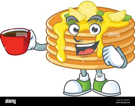 An Image Cartoon Character Of Lemon Cream Pancake With A Cup Of Coffee