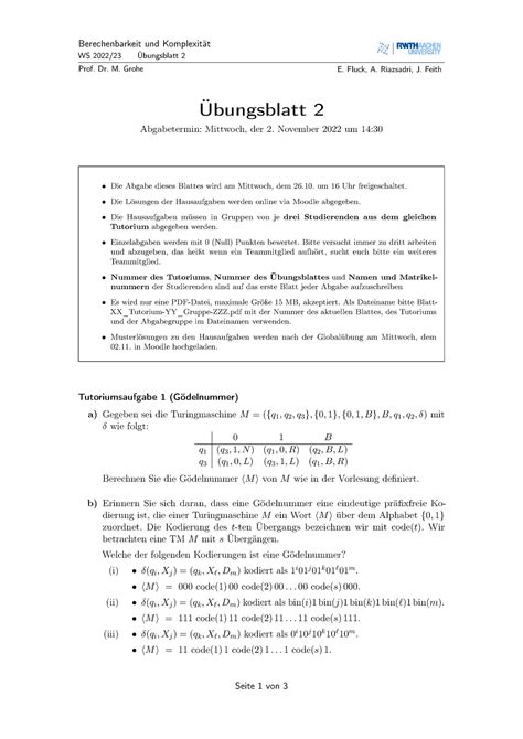 Blatt Berechenbarkeit Und Komplexit T Ws Bungsblatt